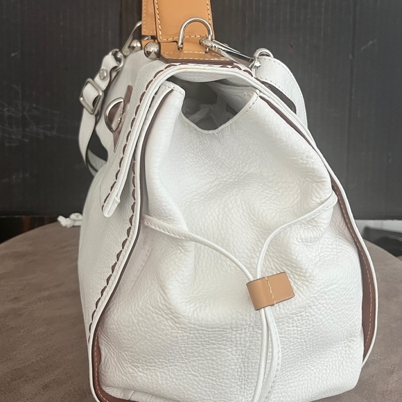 Plinio Visona Handbag. All White Italian Leather Bag with Brown Leather Trim. - Picture 4 of 13